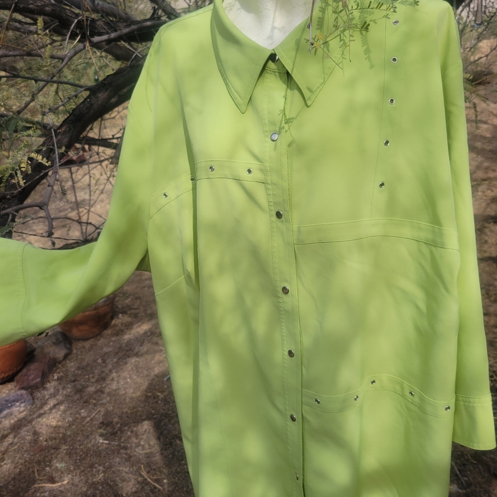 🚩Summer Sale🚩90s Vintage Chartreuse Lightweight Sueded Embellished Plus Blouse